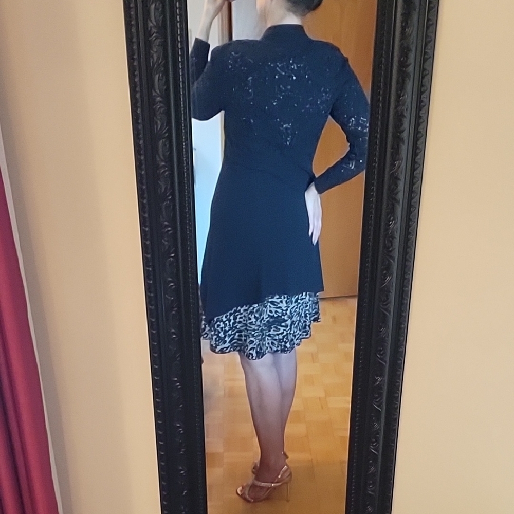 Belldini Black Elegant Open Cardigan Sweater, Crochet Lace Back & Sleeves, M - Picture 8 of 16